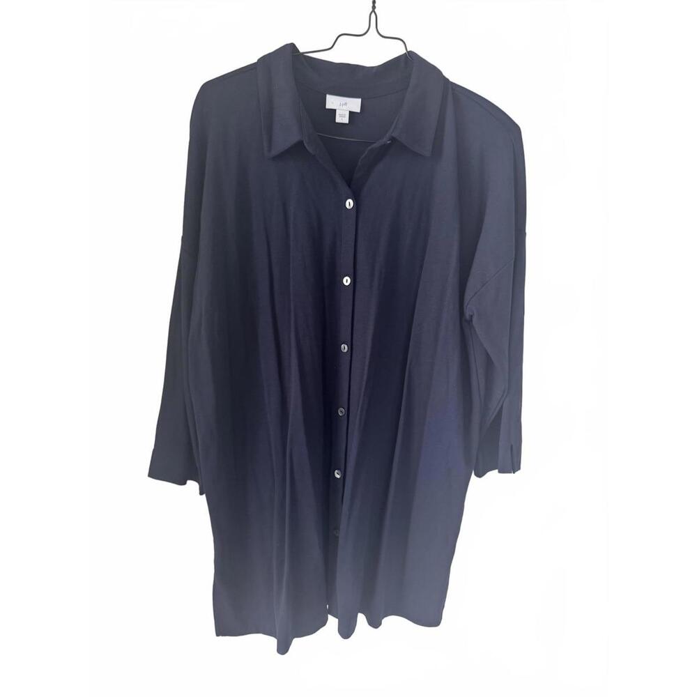 J. Jill Oversized Boyfriend Shirt Women's Button Down Tunic Navy Blue 3/4 Sleeve